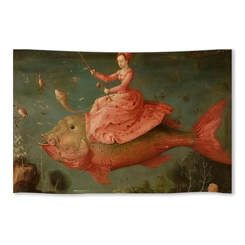 FoxUncle Funny Trippy Animal Fish Tapestry Victorian Renaissance Wall Art Quirky Ugly Abstract Paintings Boho Vintage Gallery Wall Decor for Living Room 60 X 90 inches - color: Red, size: 90"L x 60"W