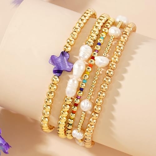 Gold Pearl Beaded Cross Bracelets Stack Set for Women, Boho Handmade Colorful Small Beads Stretchable Jewelry Friendship Summer Trendy Gift. - color: purple