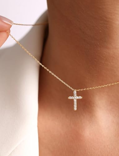 14K Gold Cross Necklace for Women, Dainty Cross Pendant with moissanite,Luxurious Christian Religious Fine Jewelry, Lightweight Dainty 14K Gold Chain Necklace for Women，Versatile for All Occasions - color: Luxurious Cross Pendant Necklace