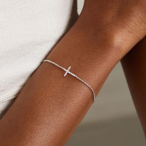 Moodear Cross Bracelet for Women, Dainty Sterling Silver/Gold Plated Gift - color: CZ Silver Cross Bracelet