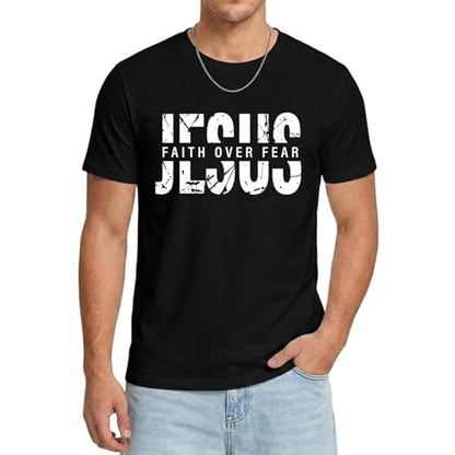Christian Shirts Men Jesus Faith Over Fear Tshirt Inspirational Bible Tees - color: Black-jesus, size: Medium