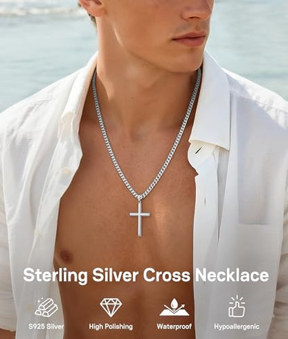 925 Sterling Silver Cross Necklace for Men, 18k Gold Plated Sterling Silver Cross Necklace with 5mm Durable Stainless Steel Cuban Link Chain for Men, 18 20 22 24 26 Inch - color: Silver Cross Pendant