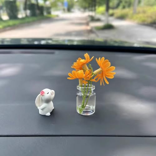 ZIMISI Cute Rabbit Car Dashboard Decorations, Funny Bunny Rear View Mirror Accessories with Daisy Flower, Aesthetic Decorations Interior Ornament, Kawaii Car Accessories for Women (Orange) - color: Orange