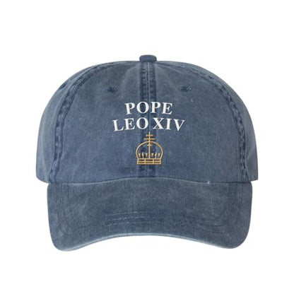 Pope Leo XIV with Crown Embroidered Baseball Cap Adjustable Cotton Dad Hat Pigment-Dyed - color: Navy