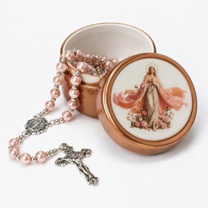 8mm Glass Pearl Rosary - Catholic Necklace for Men and Women Comes in a Metal Gift Box, First Communion Rosary Necklace as Gifts - color: Pink