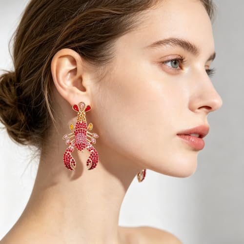 Creative Exaggerated Ocean Animal Drop Dangle Earrings for Women, Bohemia Style Alloy Lobster Octopus Fish Crab Earrings for Summer Beach Holiday Party Jewelry Gifts - style: Pink Red Rhinestone Lobster Earrings-H