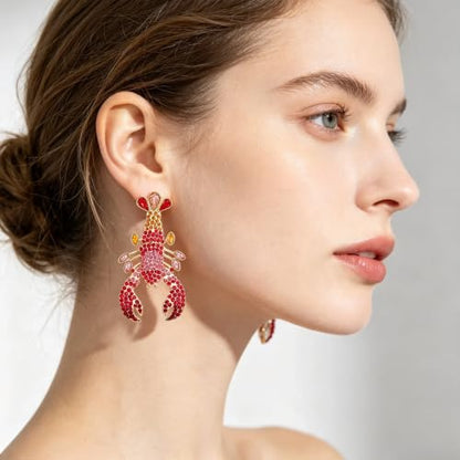 Creative Exaggerated Ocean Animal Drop Dangle Earrings for Women, Bohemia Style Alloy Lobster Octopus Fish Crab Earrings for Summer Beach Holiday Party Jewelry Gifts - style: Pink Red Rhinestone Lobster Earrings-H
