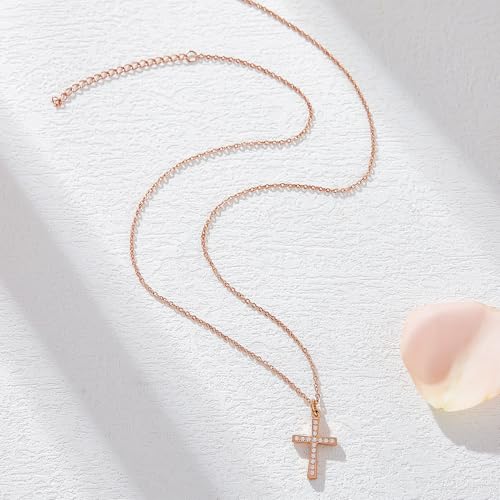 Gold Cross Necklace for Women Diamond Necklace for Women Sparkling Cubic Zirconia Pendant 18K Gold Plated Cross Pendant Religious Jewelry with Diamond Birthday Gift Christian Gifts for Her - color: Rose Gold, style: Small Cross