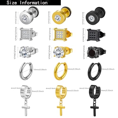15 Pairs Stainless Steel Earrings for Men Women Hypoallergenic Inlaid Cubic Zirconia Studs Hoop Earring Cross Dangle Earrings Set, Fashion Ear Piercing Jewelry Gift
