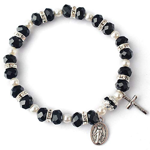 HanlinCC Women's Stretch Rosary Bracelet Beaded Crucifix & Miraculous Medal - color: Black