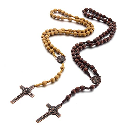 COLORFUL BLING Natural Wooden Catholic Rosaries Wood Crucifix Prayer Beads Pendant Necklace Prayer Jesus Religious Cross Rosary Necklace Handmade Jewelry - color: brown