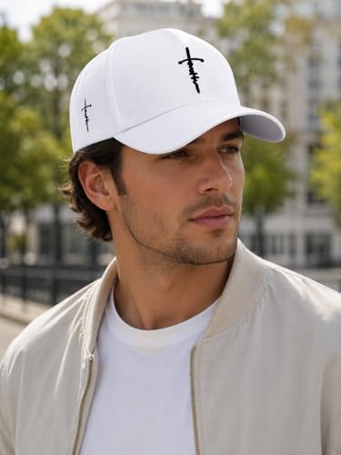 Embroidered Cross Baseball Cap, Christian Adjustable Snapback Hat for Men & Women, Structured Dad Hat with Jesus Faith Design - color: White