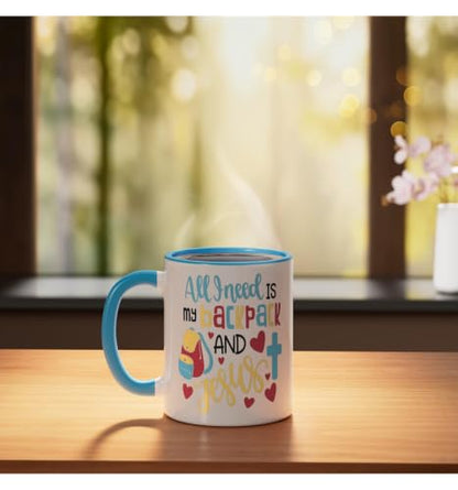 All I Need Is My Backpack and Jesus School Christian Kids Ceramic Mug, Blue/White - color: Blue/White, size: 11 Ounces