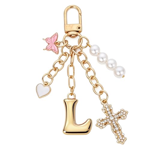 Cross Bag Charms Keychain - Butterflies Keyring Initial Purse Charm - color: Gold L