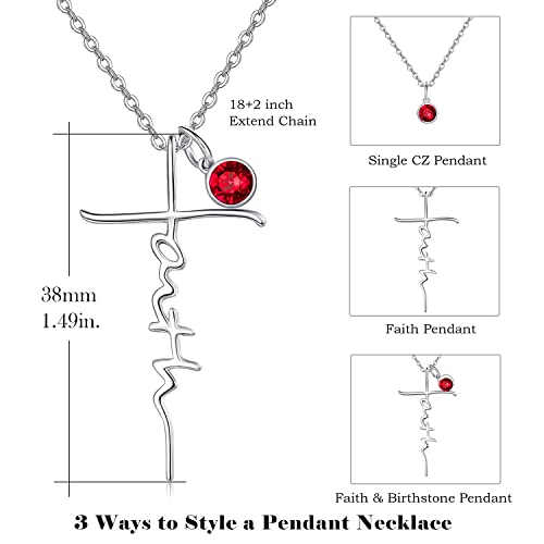 PRAYMOS Faith Cross Necklace for Women 925 Sterling Silver Pendant Necklace With Birthstone Initial Christian Religious Confirmation Baptism Mothers Day Gifts - color: 2-Silver July(Ruby)