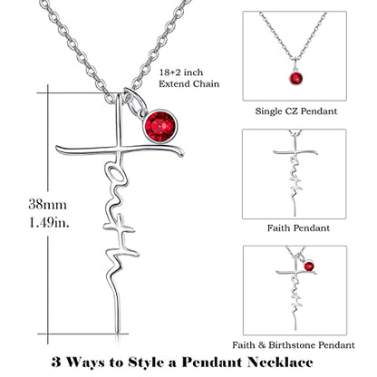 PRAYMOS Faith Cross Necklace for Women 925 Sterling Silver Pendant Necklace With Birthstone Initial Christian Religious Confirmation Baptism Mothers Day Gifts - color: 2-Silver July(Ruby)