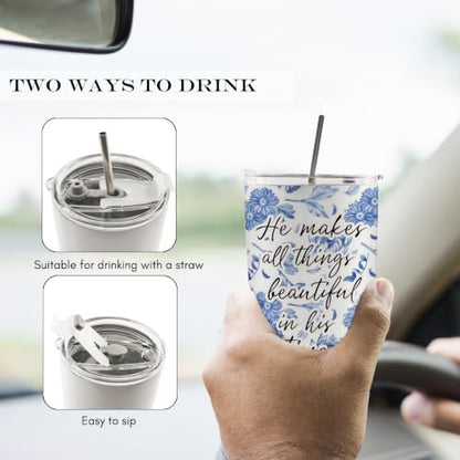 Blue Floral Christian Bible Verse 20oz Travel Coffee Mug Tumbler - color: makes