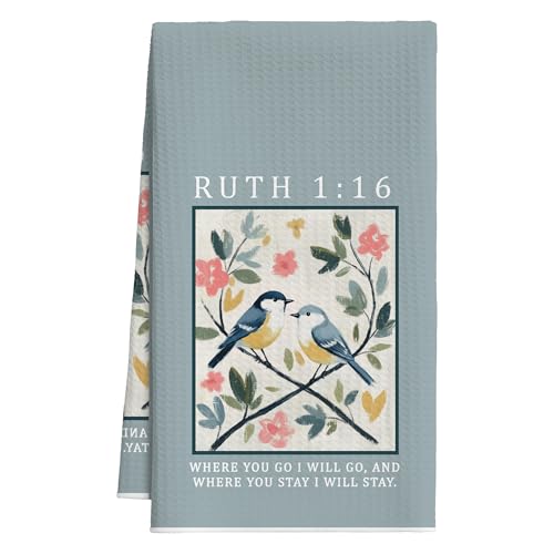 Christian Floral Kitchen Towels, Vintage Wildflower Hymn Tea Dish Towel, 25 - color: Blue Bible Bird
