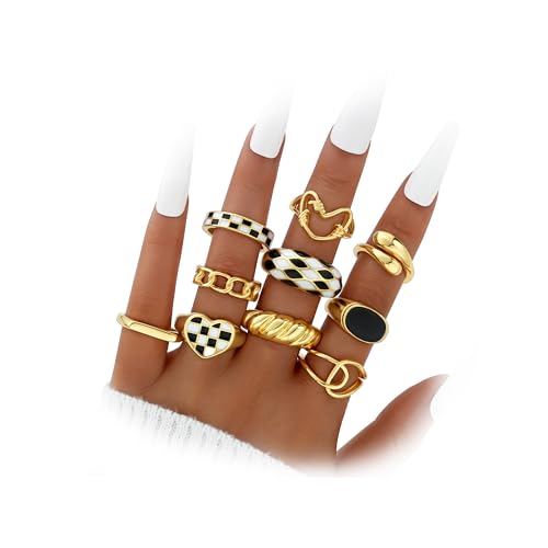 Gold Stackable Rings Set for Women, Gold Plated Chunky Crystal Finger Rings - color: Gold Chessboard