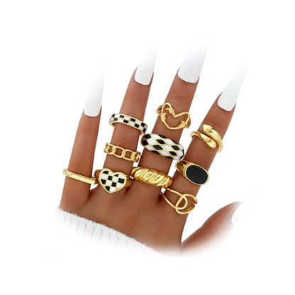 Gold Stackable Rings Set for Women, Gold Plated Chunky Crystal Finger Rings - color: Gold Chessboard