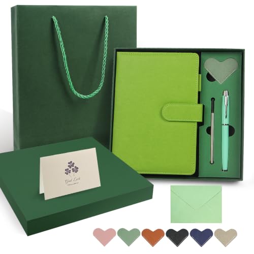 A5 Leather Journal for Women Men, Hardcover Notebook Set with Pen, green - color: green