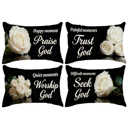 Christian Faith Throw Pillow Covers 12x20 Inch Inspirational Bible Verse White Rose Decorative Pillowcases Church Religious Cushion Covers 4Pack, Gift for Christian & Faith Lovers (White) - color: White