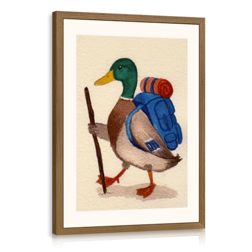 Dynazo Wood Framed Backpack Duck Wall Art, Rustic Cottagecore Duck Nursery Decor, Cute Whimsical Camping Poster Print, Vintage Adventure Animal Artwork for Kids Room Bedroom Playroom 16x24 Inch - color: SchoolDuck, size: 24"L x 16"W