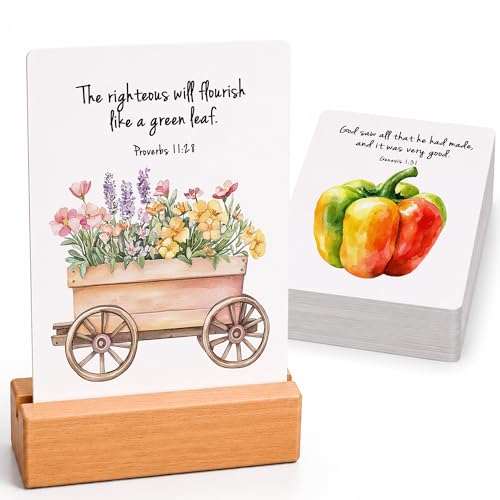 Bible Verse Cards with Wood Stand, 48 Prayer Cards for Daily Display - color: Farmers Market