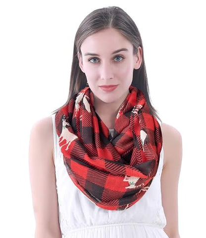 Lina & Lily Holiday Christmas Pattern Print Women's Infinity Scarf Lightweight - color: Red Black, Xmas Reindeer Buffalo Plaid