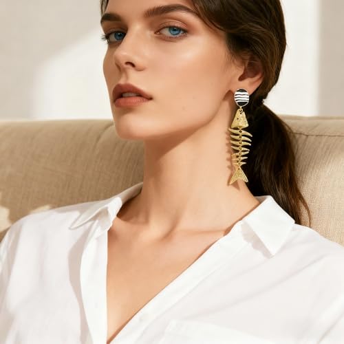 Creative Exaggerated Ocean Animal Drop Dangle Earrings for Women, Bohemia Style Alloy Lobster Octopus Fish Crab Earrings for Summer Beach Holiday Party Jewelry Gifts - style: Gold Fish Bone Earrings