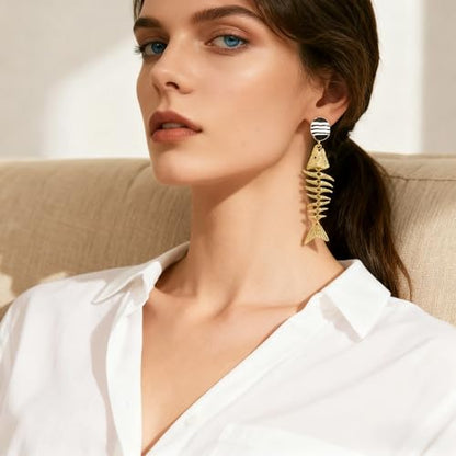 Creative Exaggerated Ocean Animal Drop Dangle Earrings for Women, Bohemia Style Alloy Lobster Octopus Fish Crab Earrings for Summer Beach Holiday Party Jewelry Gifts - style: Gold Fish Bone Earrings