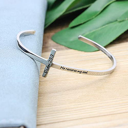 Memgift 𝐂𝐫𝐨𝐬𝐬 𝐁𝐫𝐚𝐜𝐞𝐥𝐞𝐭 Religious Cuff Bangle 𝐁𝐢𝐛𝐥𝐞 𝐕𝐞𝐫𝐬𝐞 Christian Gifts Jewelry for 𝐖𝐨𝐦𝐞𝐧 - style: Silver cuff-Her restores my soul -Psalm 23:3