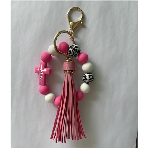 Silicone Beaded Jesus Cross Wristlet Keychain Leather Tassel,Key Ring Wrist Bangle,Key Chains Bracelet Women - color: Rose Cross