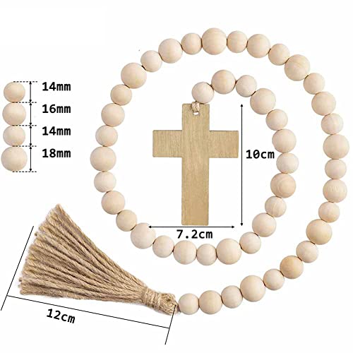 GSHLLO Easter Wood Bead Garland Farmhouse Decorative Wooden Beads Prayer Beads Tassel Garland Wall Hanging Decoration with Cross for Tiered Tray