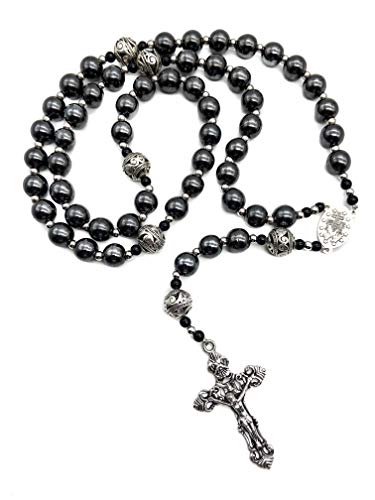 Nazareth Store Hematite Rosary Black Stone Beads Necklace Metal Beaded Silver-Plated Medal & Cross for Men NS