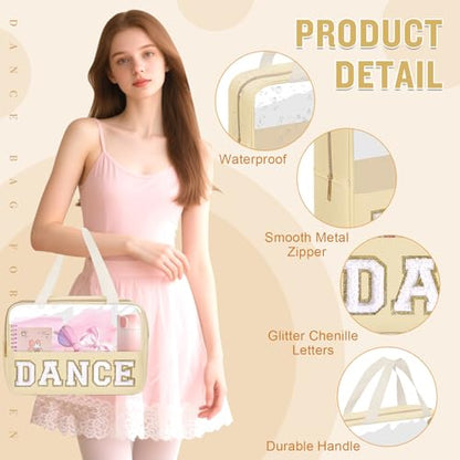 Dance Bag for Girls Chenille Letter Clear Makeup DANCE Stuff Bag,Toddler Dance Recital Gifts Ballet Cosmetic Zipper Pouch with Handle,Dance Competition Accessories Toiletry Storage Bag(DANCE-Beige) - color: DANCE-Beige
