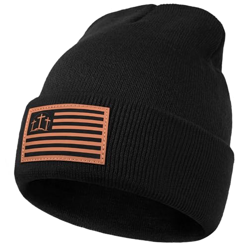 Christian Cross Beanie Hats for Men Women, Faith Winter Cuffed Hats, Religious Gifts for Thanksgiving Christmas New Years - color: Black, style: Three Cross Flag