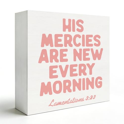 Pink Christian Wooden Box Sign 5x5 Inch, Christian Home Decor, His Mercies Are New Every Morning Bible Verse Religious Decorative Wood Signs for Home Office Desk Tabletop Shelf Decorations - color: Wooden Box Sign E