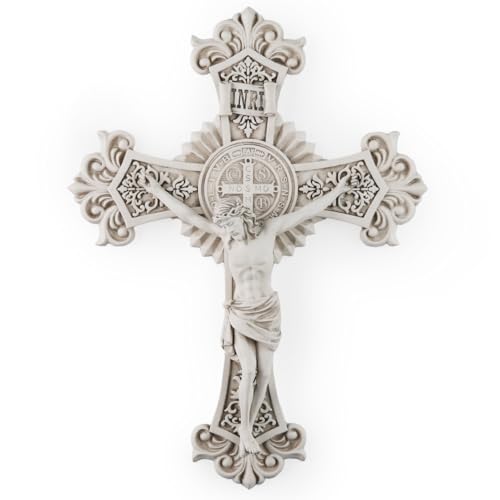 BC Catholic Saint Benedict Crucifix Wall Cross, Jesus Christ Home Decor, Religious Gift, Grey White Finish, 12"H, Hand Painted by Buildclassic - color: Grey White