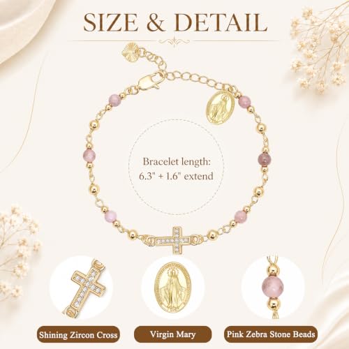 Women's Catholic Cross Rosary Bracelet,14K Gold Plated Virgin Mary Bracelet - color: Gold-2