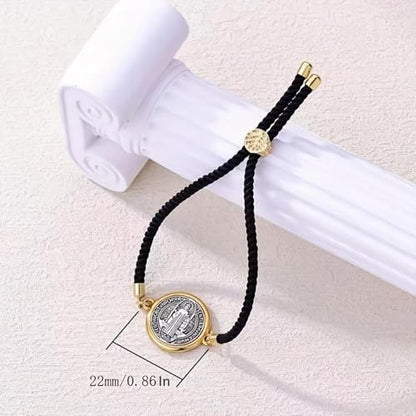 Catholic Bracelets St. Benedict Bracelet Red Rope Double Hole Pendant Couple Woven Bracelets Adjustable Black Bracelet - color: black