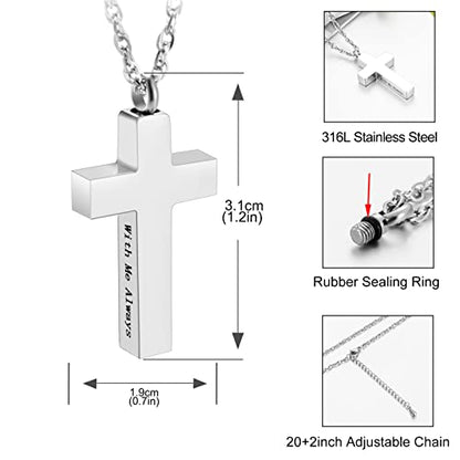 Cremation Cross Necklace for Ashes Stainless Steel Cross Urn Pendant Ashes Holder Memorial Jewelry-With Me Always - style: With me always-Silver