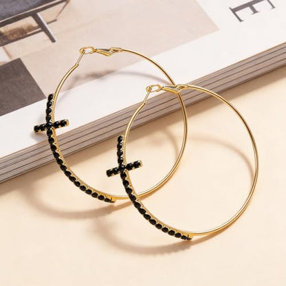 Large Cross Hoop Earrings for Women Sparkly Rhinestone Statement Jewelry for Prom Wedding Party Night Out Accessories Shiny Silver Tone Fashion Dangle Earings - color: Black