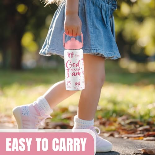Christian Gifts, Pink Bow Water Bottle with Straw Lid, 16 oz Insulated Stainless Steel, Christian Cups Gifts for Birthday Christmas - color: Christian