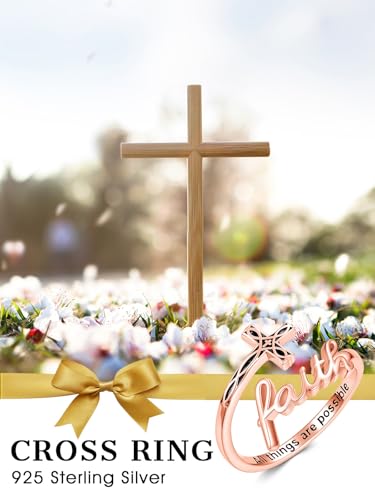 Cross Rings Faith Ring 925 Sterling Silver Adjustable Cross Wrap Ring Christian Fashion Band for Women - color: C-Rose Gold