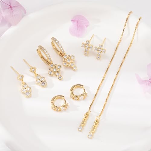 Gold Earrings Set for Women 14K Gold Plated Cubic Zirconia Love Heart Bowknot Clover Fruit Flower Insect Ocean Cross Huggie Hoop Earrings Stud Earrings Set for Multiple Piercing Party Jewelry Gifts - style: Cross