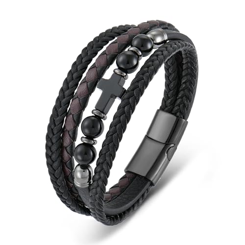 Men's Leather & Lapis/Onyx/Turquoise/Tiger Eye Cross Bracelet - Braided Christian Jewelry for Men, 8.3" & 9.1" Sizes - color: Black Onyx, size: 9.1in(Fits larger wrists)