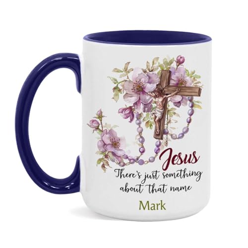 Personalized 11oz & 15oz Ceramic Coffee Cup With Cross & Rosary Design, Customized Name Christian Coffee Mug - color: XUA-324-1555-HOLY CROSS ROSARY MUG