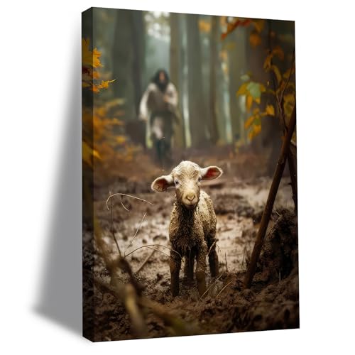 Jesus and Lamb Canvas Wall Art Jesus Running After Lost Lamb Wall Decor Christian Posters Pictures Lamb of God Painting Prints Home Artwork for Living Room Bedroom Church Prayer Room Framed - color: jesus01, size: 16"L x 12"W
