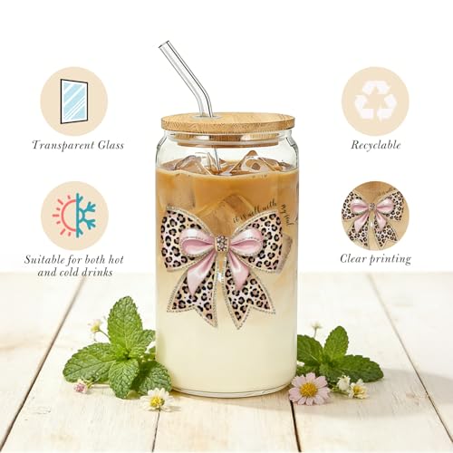 IWXYI Coquette Pink Leopard Bow Christian Glass Cup with Lids and Straws 14oz, It Is Well with My Soul Bible Verse Religious Iced Coffee Tea Drinking Glasses with Cleaning Brush - color: Leopard Bow